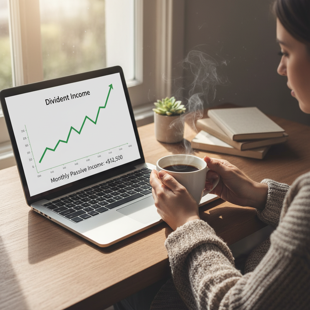 A high-quality lifestyle photography of a person’s hands holding a warm cup of coffee while looking at a laptop displaying a steadily rising green graph of dividend income. Soft natural sunlight coming through a window creating a peaceful and successful atmosphere. 4:3