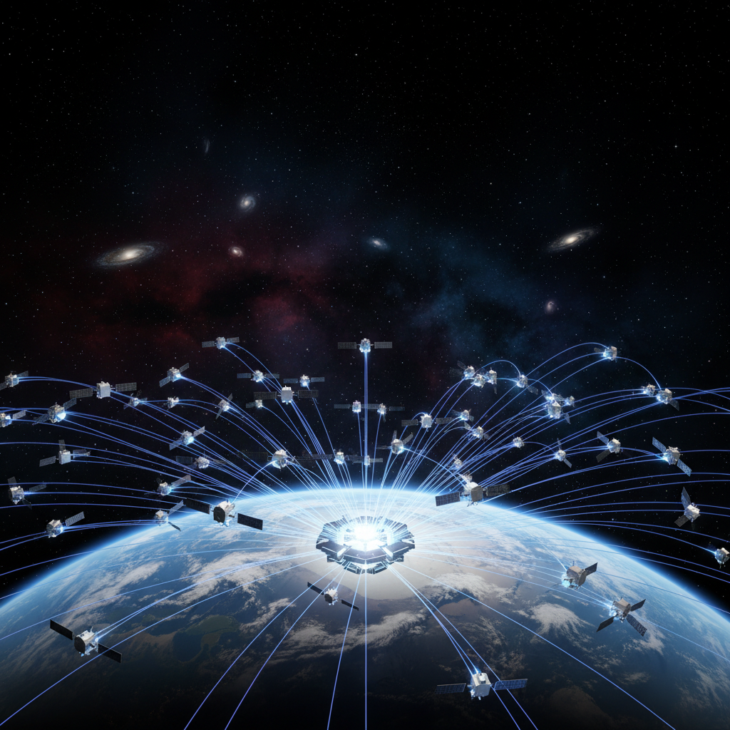 Photorealistic illustration of Starlink satellites in Earth's orbit with glowing lines of data connecting them to a central hub. Deep space background with stars, highly detailed, 4:3