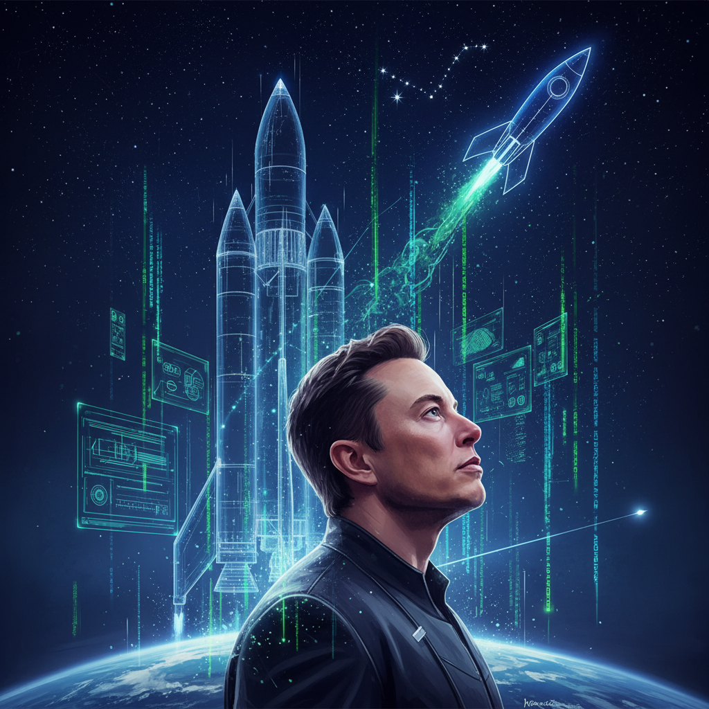 A professional and innovative conceptual portrait of Elon Musk looking toward the stars, with a background blend of rocket blueprints and digital AI code. 4:3