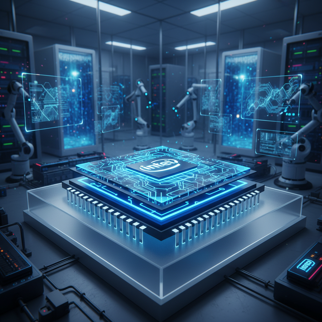 인텔 로고와 미래형 그래픽 처리 장치 컨셉