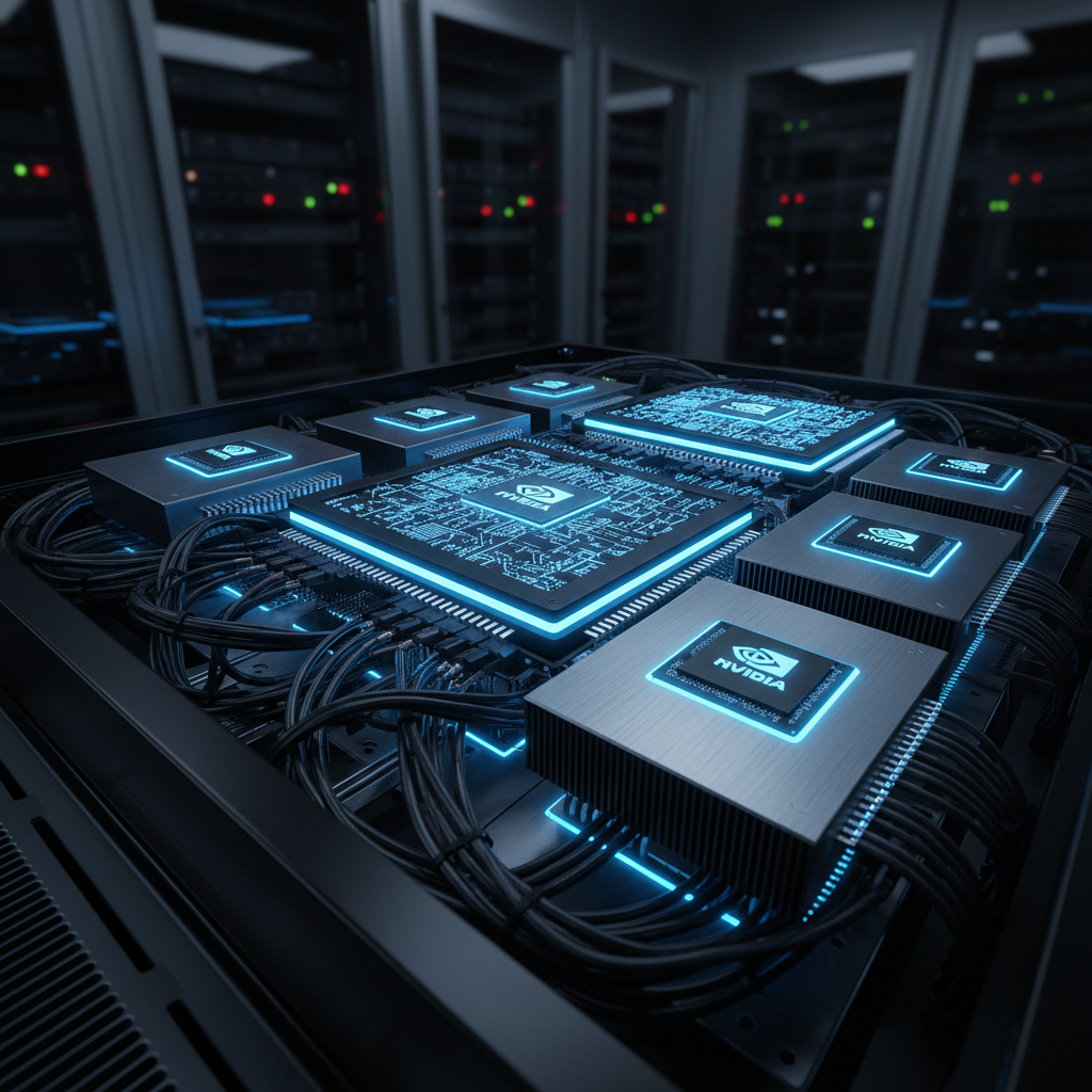 초현대적 데이터 센터 내부에서 빛나는 인공지능 가속기 칩