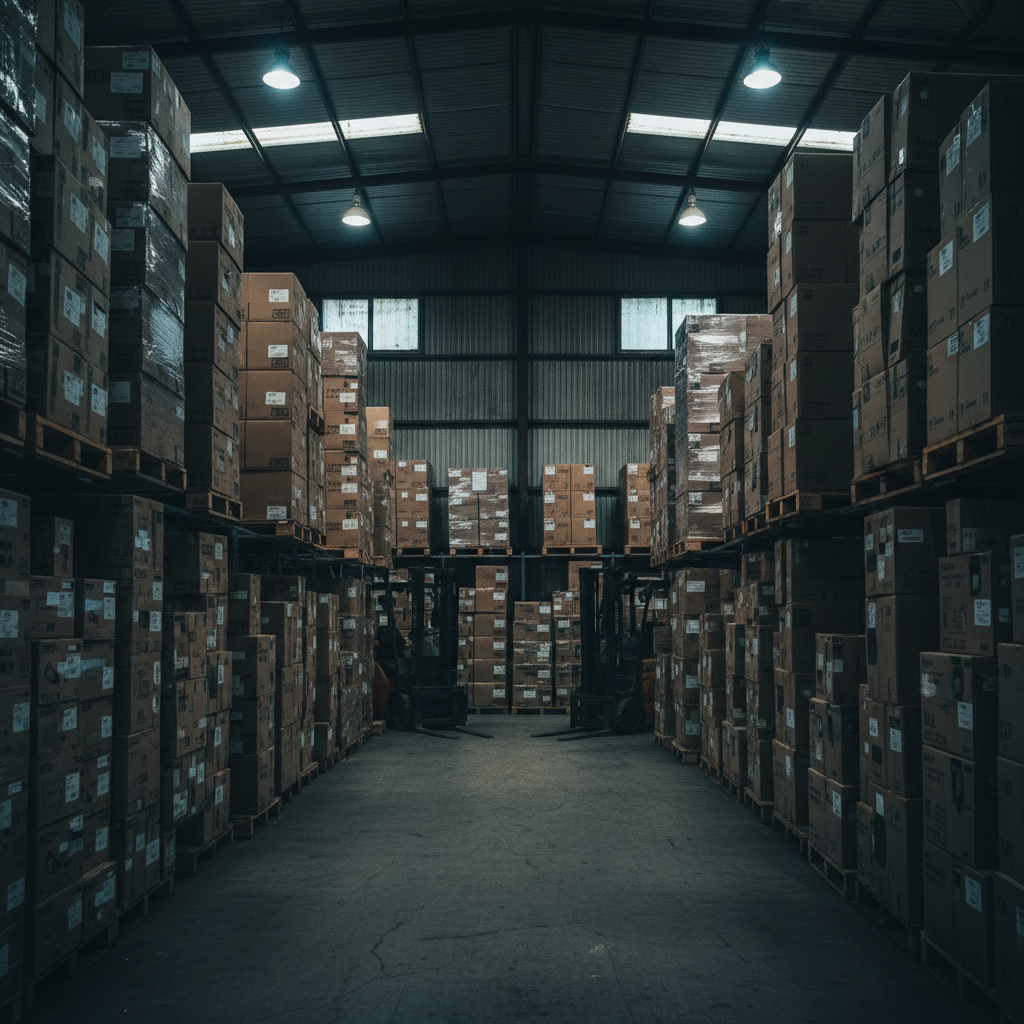 창고에 쌓여 대기 중인 전자제품 상자들