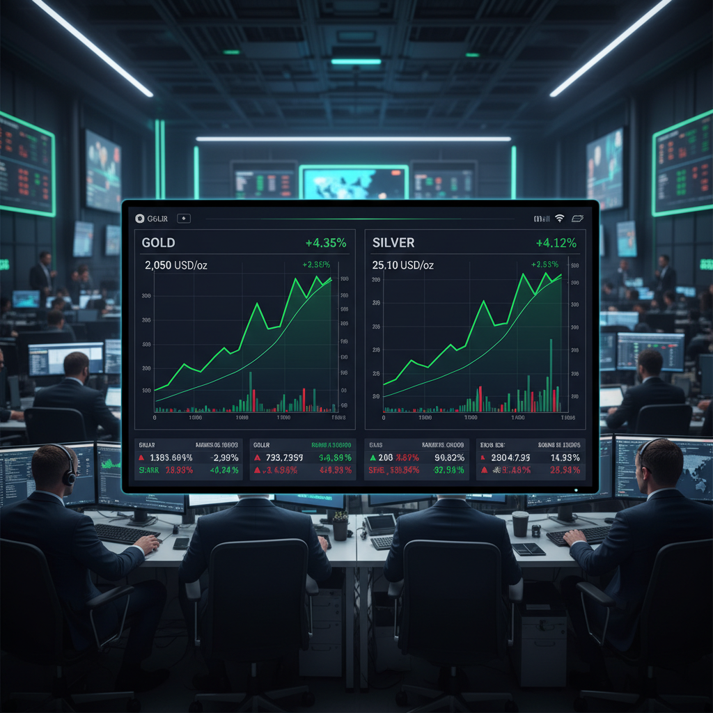 상승하는 금융 시장 차트와 금 관련 지표