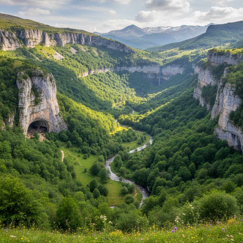 스페인 북부 칸타브리아 산맥의 아름다운 풍경과 동굴 입구