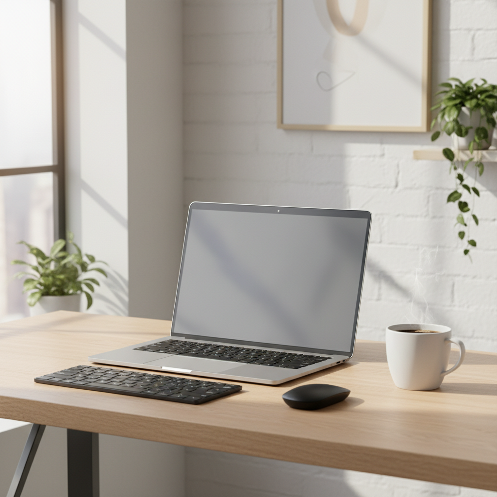 노트북을 활용해 코딩과 업무를 병행하는 깔끔한 데스크셋업