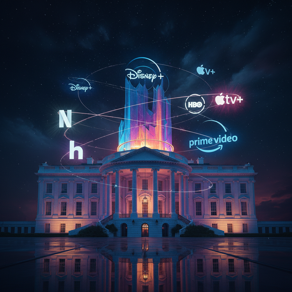 미디어 인수 합병을 논의하는 화이트하우스와 기업 로고들