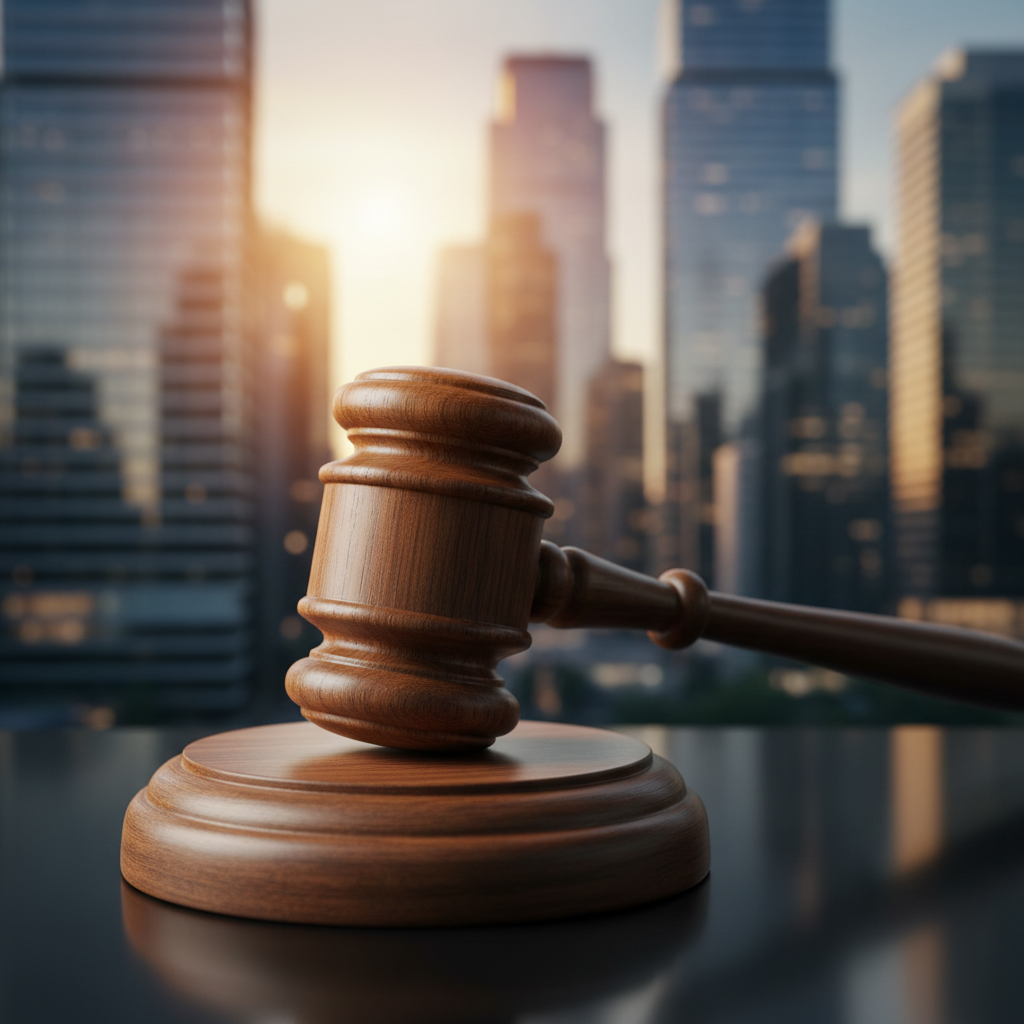 법적 규제와 기업 합병을 상징하는 법봉과 도심 건물