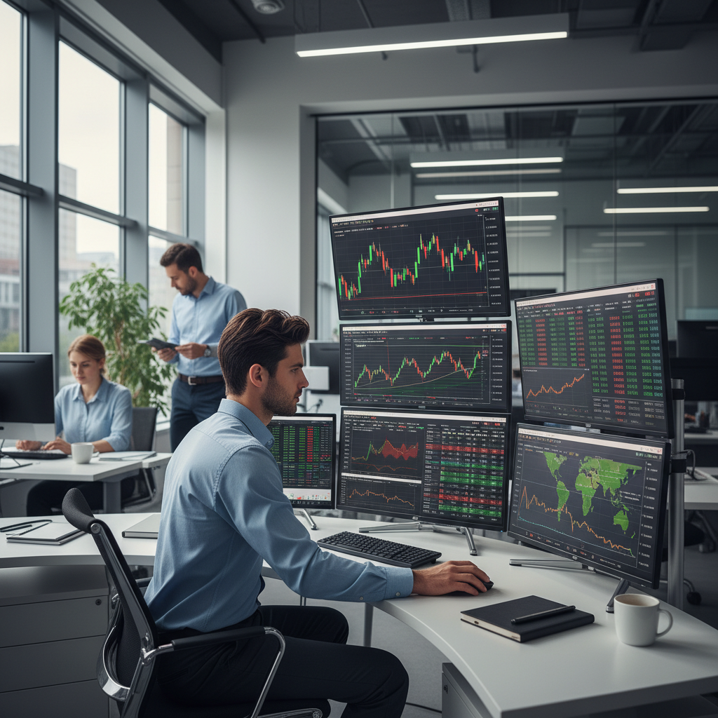 현대적인 증권 거래소와 기술주 분석 화면