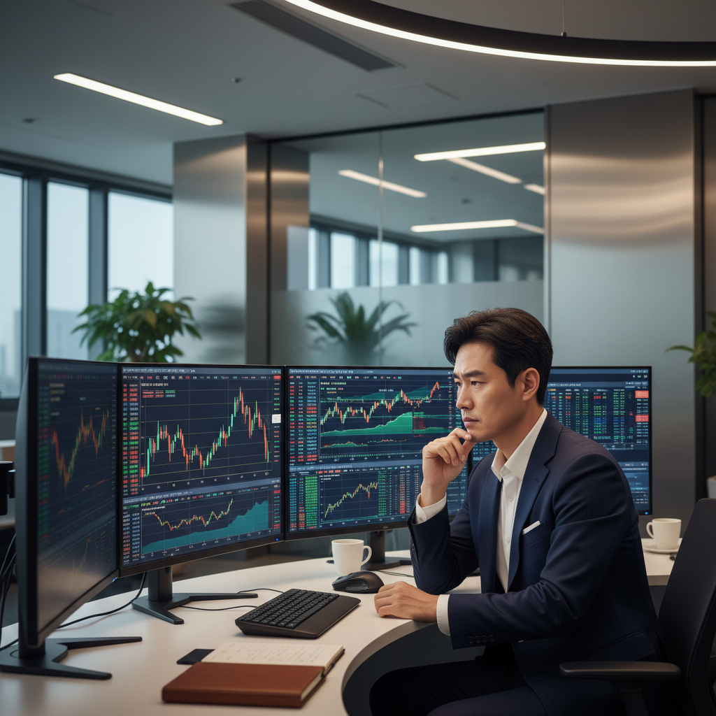 고뇌하며 시장 지표를 분석하는 투자자의 모습
