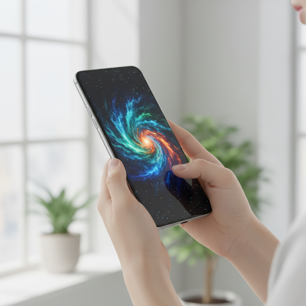 최신 스마트폰을 사용하는 사람의 손