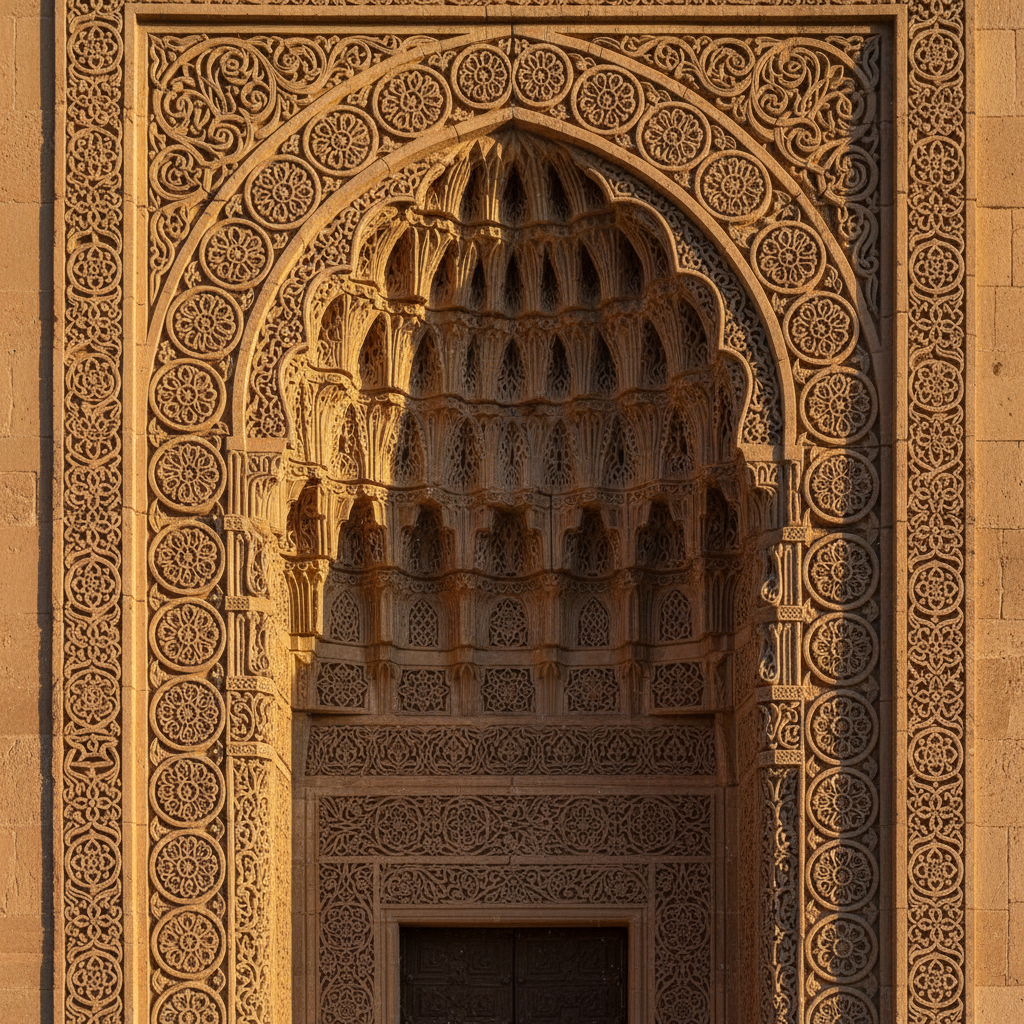 정교하게 조각된 대모스크의 북쪽 출입문 상세 모습