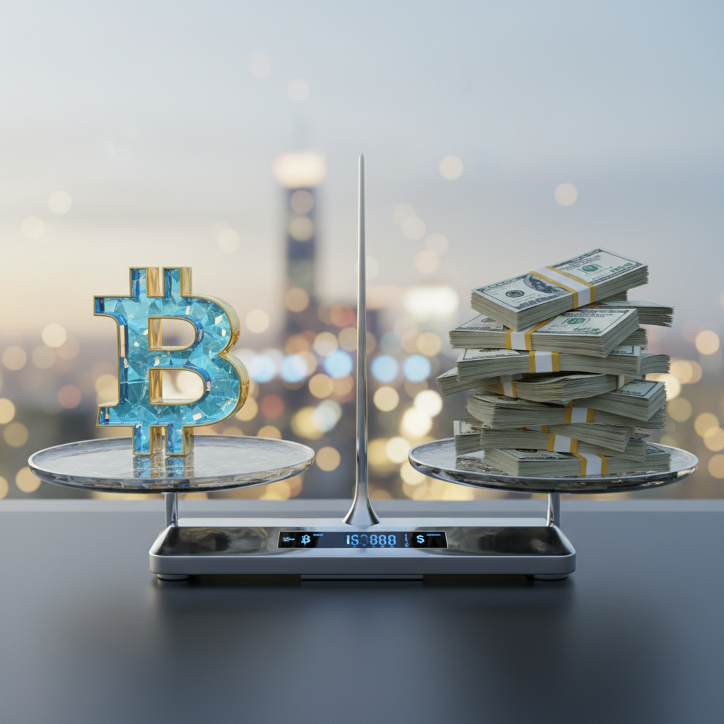 디지털 저울 위의 비트코인과 달러