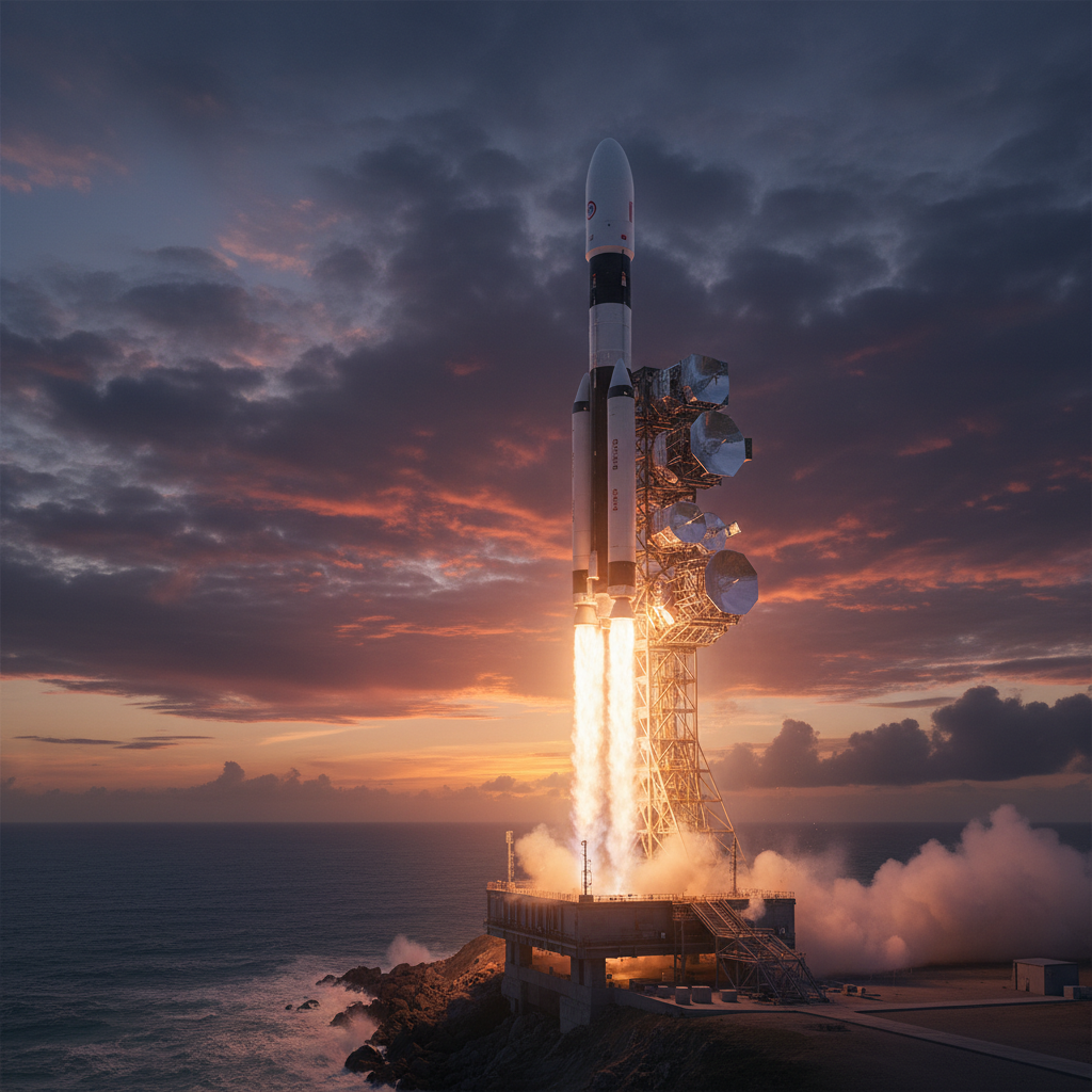 데이터 센터 부품을 실은 로켓의 야간 발사 장면