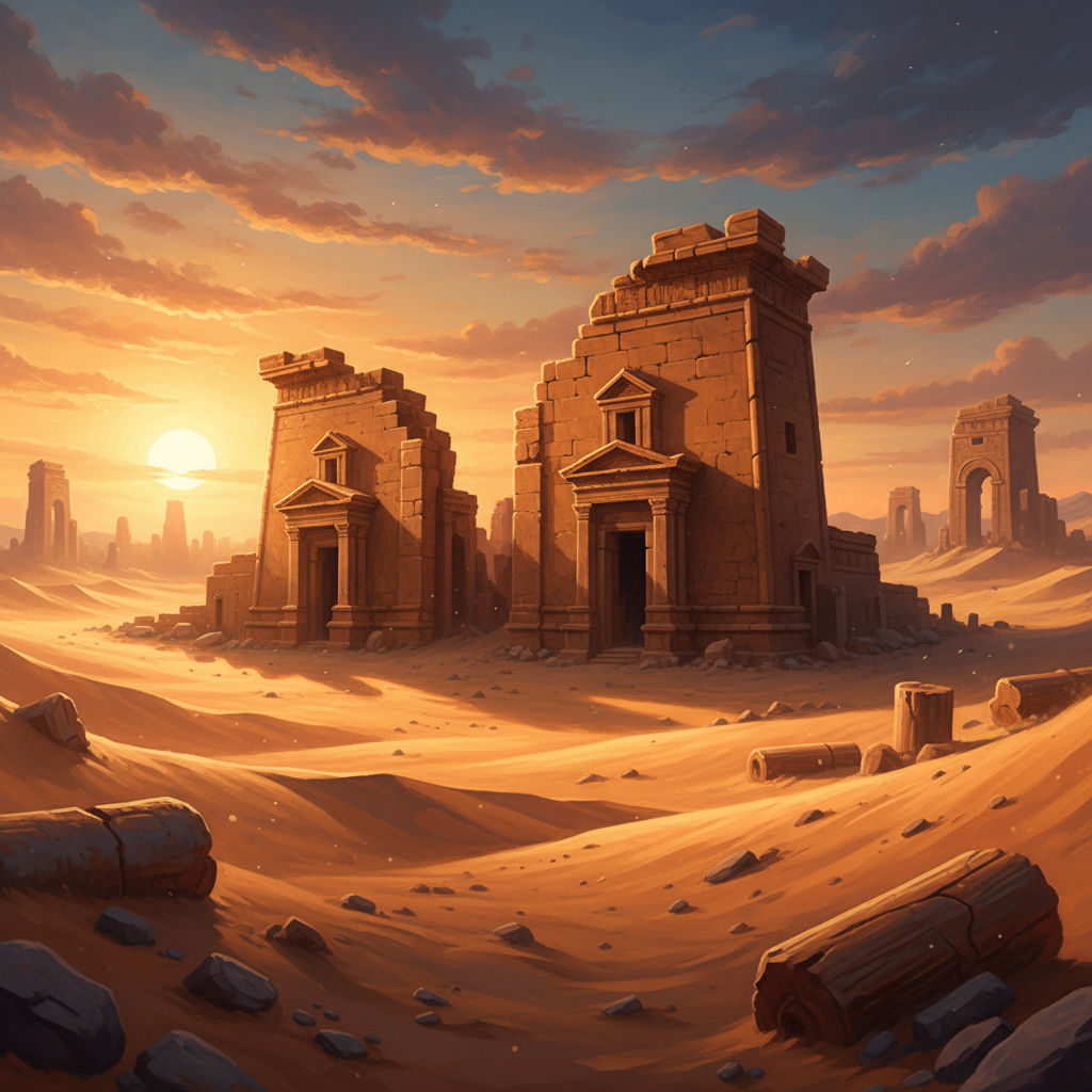 A panoramic view of the ancient ruins of Hatra in Iraq at sunset, featuring monumental stone architecture and temples standing in the middle of a vast desert, artistic rendering with warm golden lighting, high contrast, 4:3