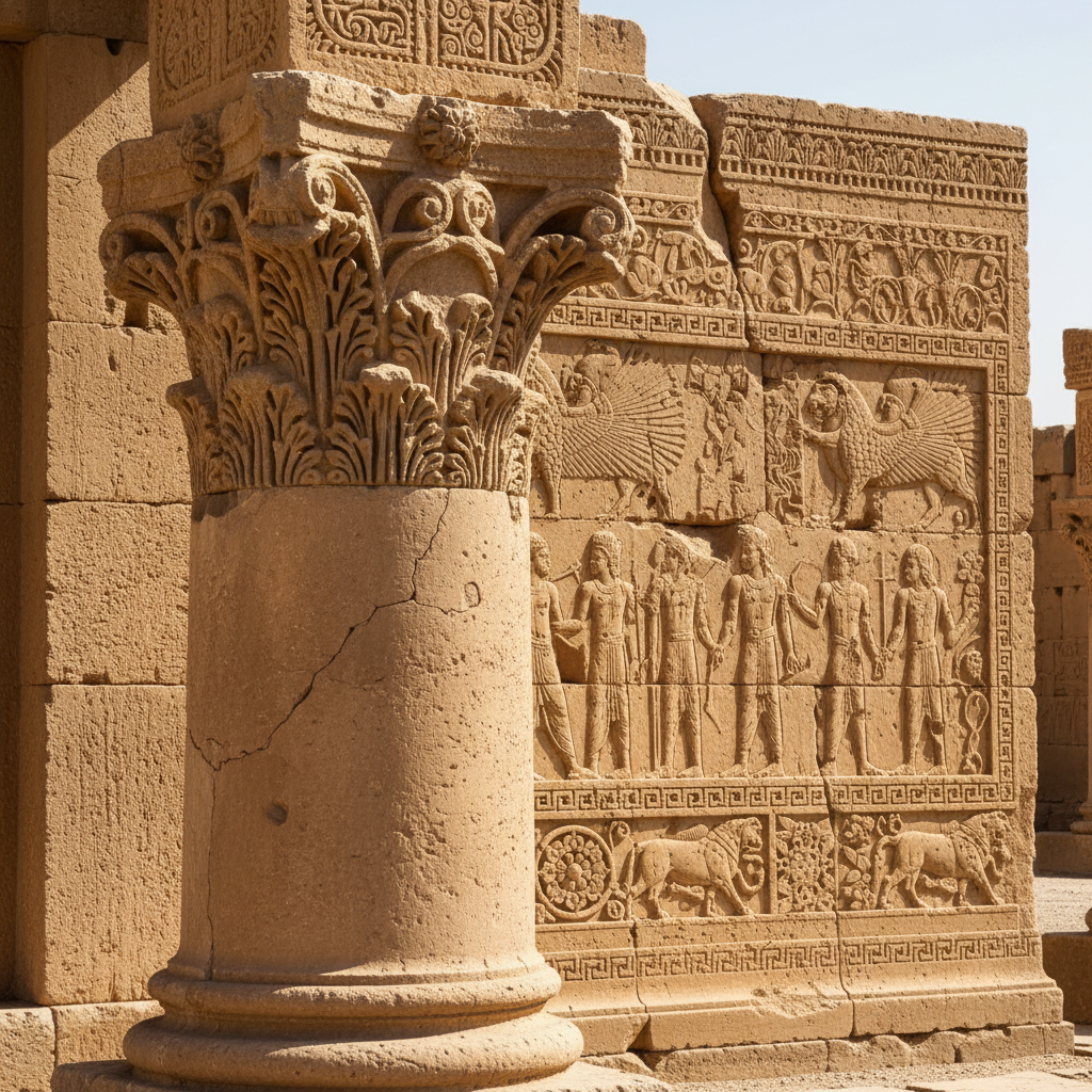 하트라 대신전의 정교한 석조 조각과 기둥