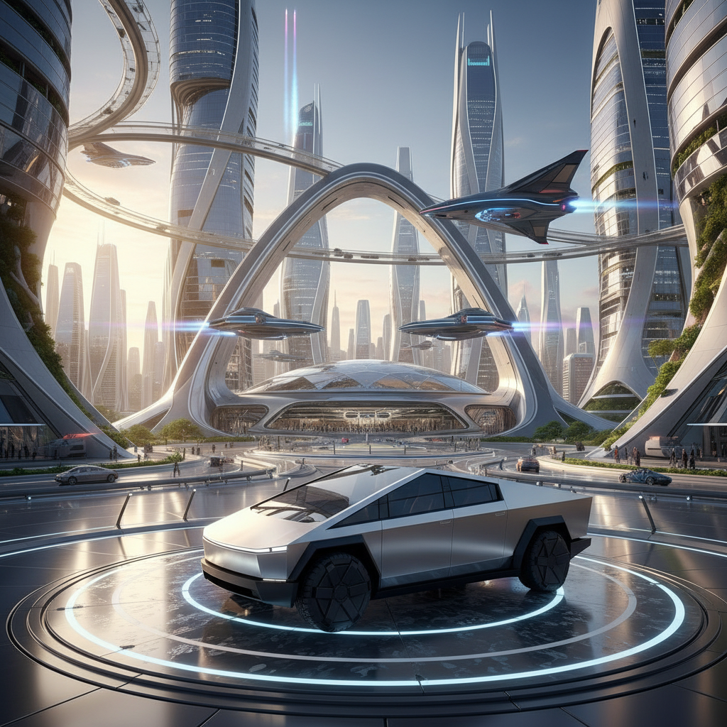 미래 지향적인 우주 도시와 테슬라 차량의 조화
