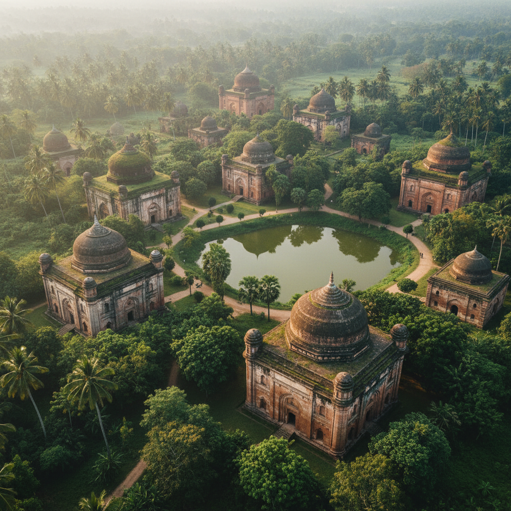A wide aerial view of the Historic Mosque City of Bagerhat in Bangladesh, featuring ancient terracotta brick mosques with multiple domes surrounded by lush tropical greenery and palm trees under a soft morning light, 4:3