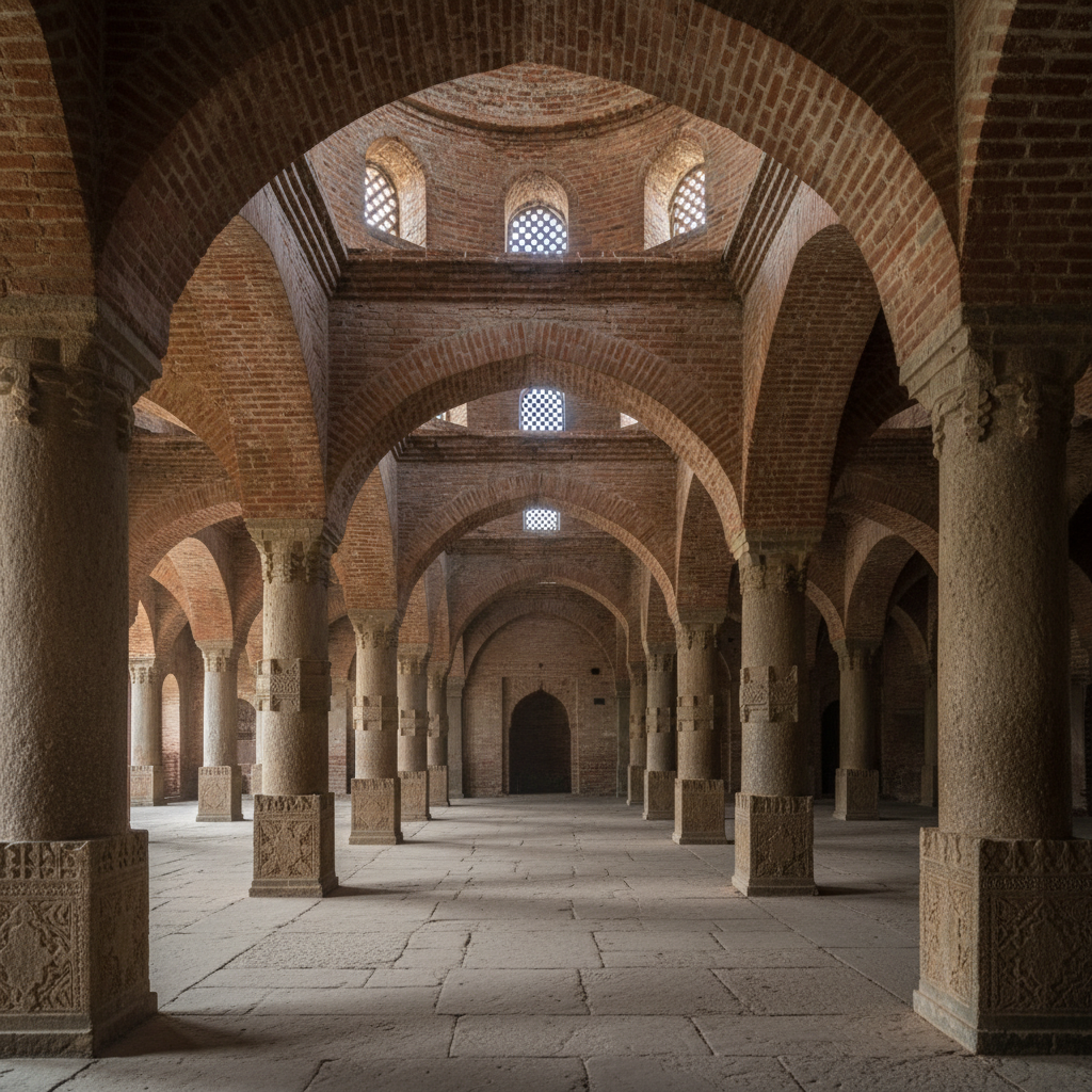 사원 내부의 아치와 기둥 구조