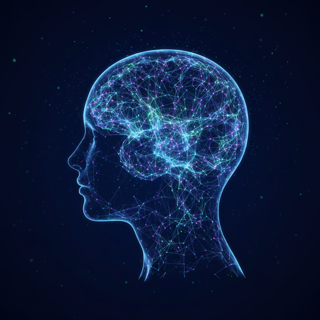 뇌와 신경망이 연결된 디지털 휴먼 실루엣