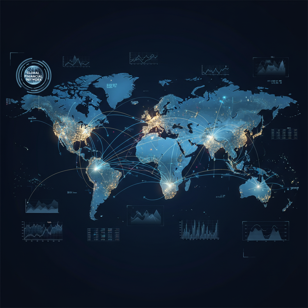 글로벌 금융 시장의 연결성을 상징하는 세계 지도와 데이터 라인