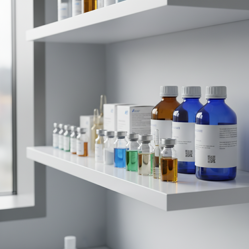약국 선반 위에 놓인 다양한 치료제 용기들