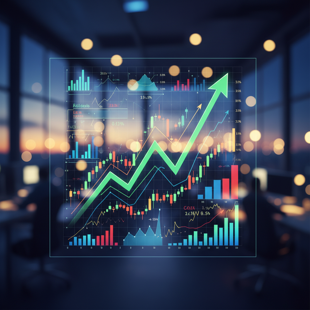 주가 지수 상승을 나타내는 녹색 그래프 화면