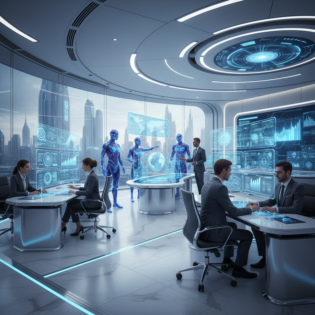 디지털 직원과 협업하는 현대적인 금융 오피스 전경