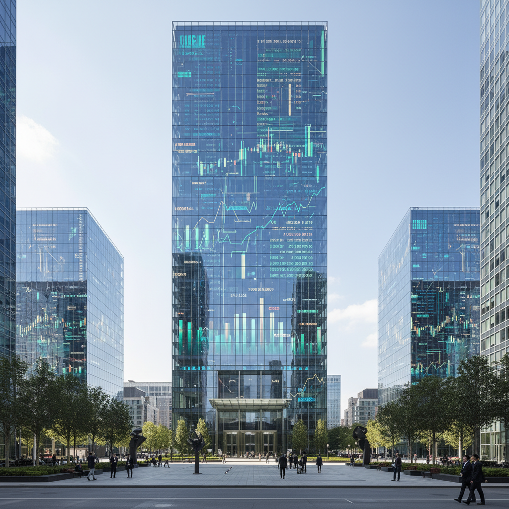 디지털 증시 현황을 반영하는 현대적인 금융가 빌딩