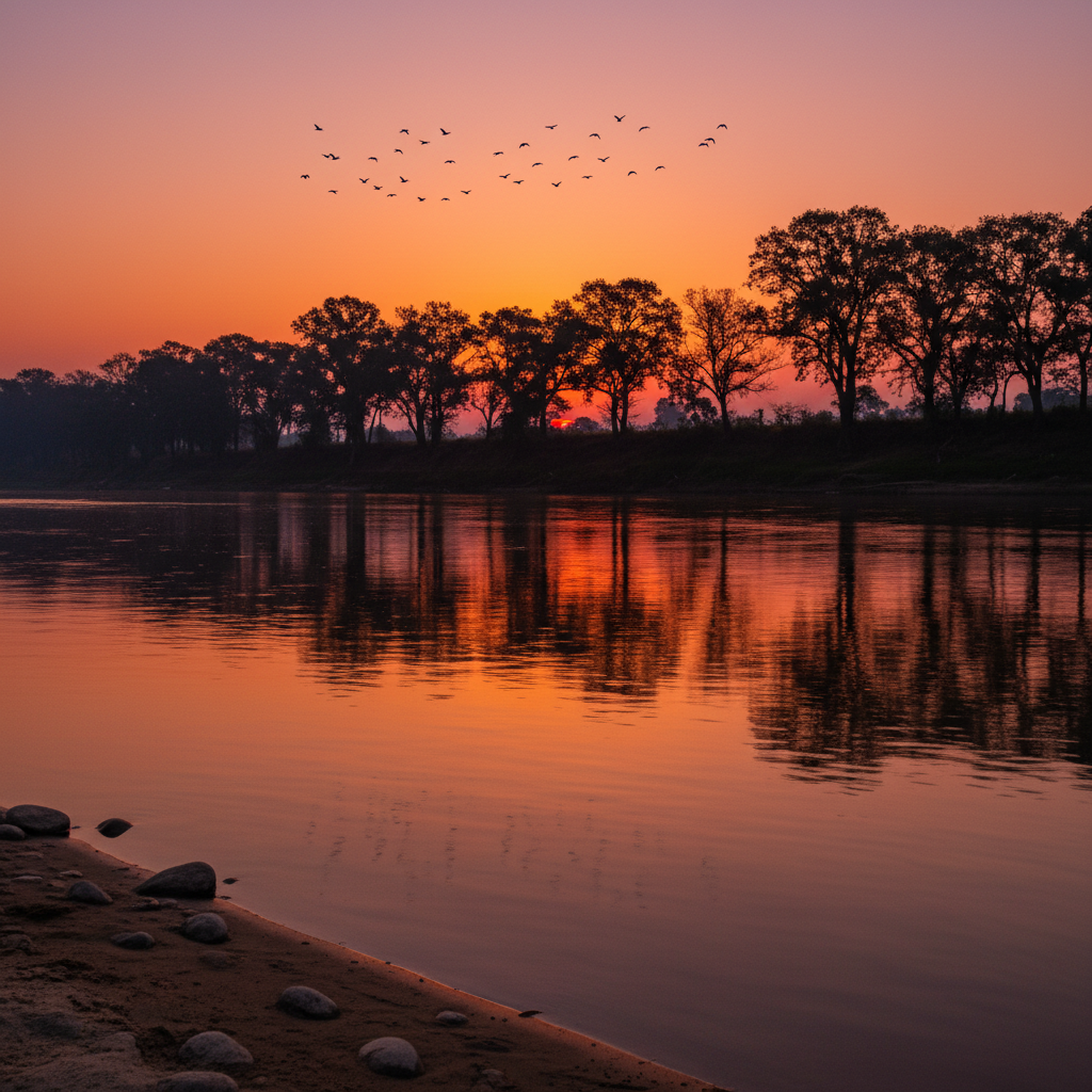 마나스 강의 평온한 일몰