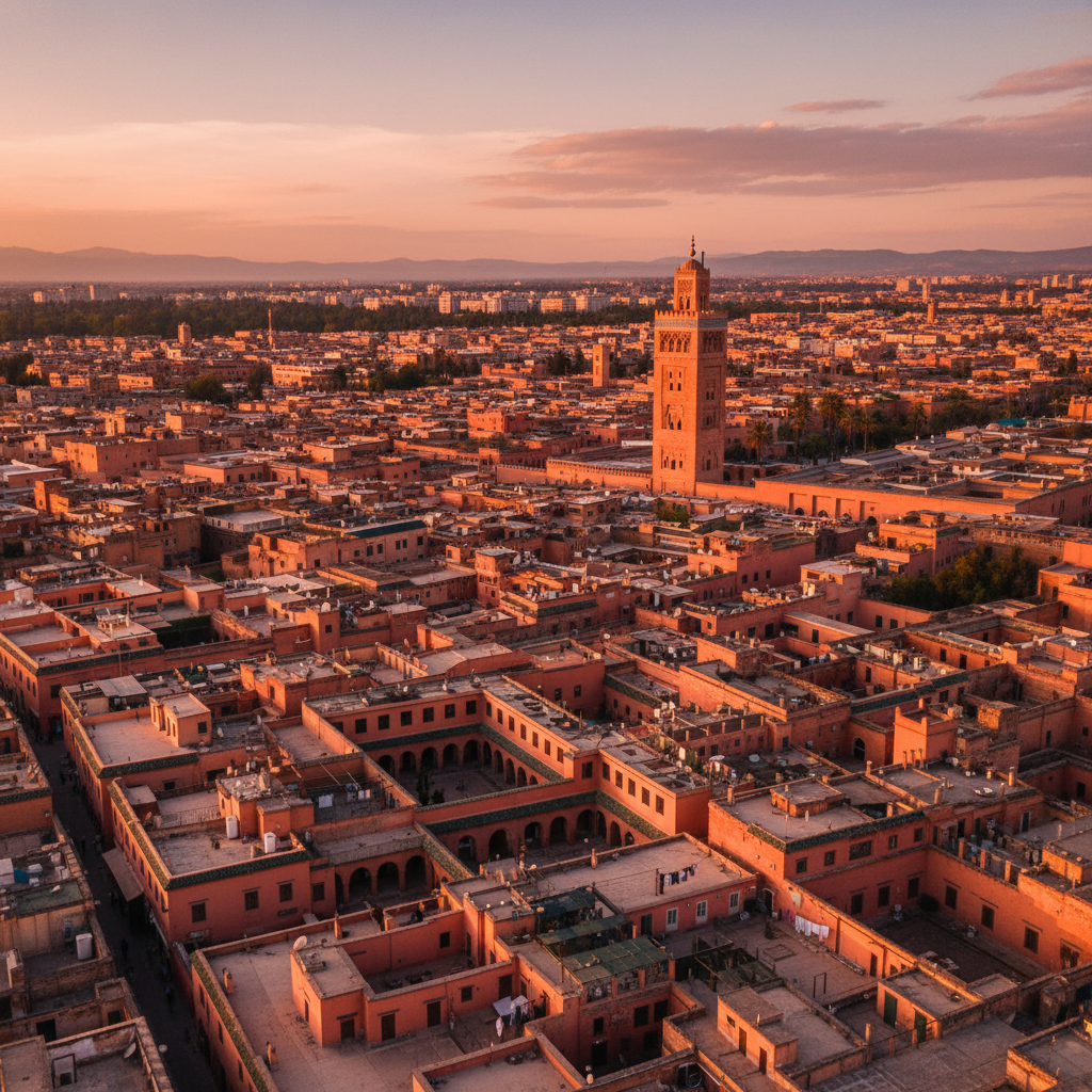 Aerial view of the Medina of Marrakesh showing the vast labyrinth of red sandstone buildings and the Koutoubia Mosque minaret under a warm sunset sky. 4:3