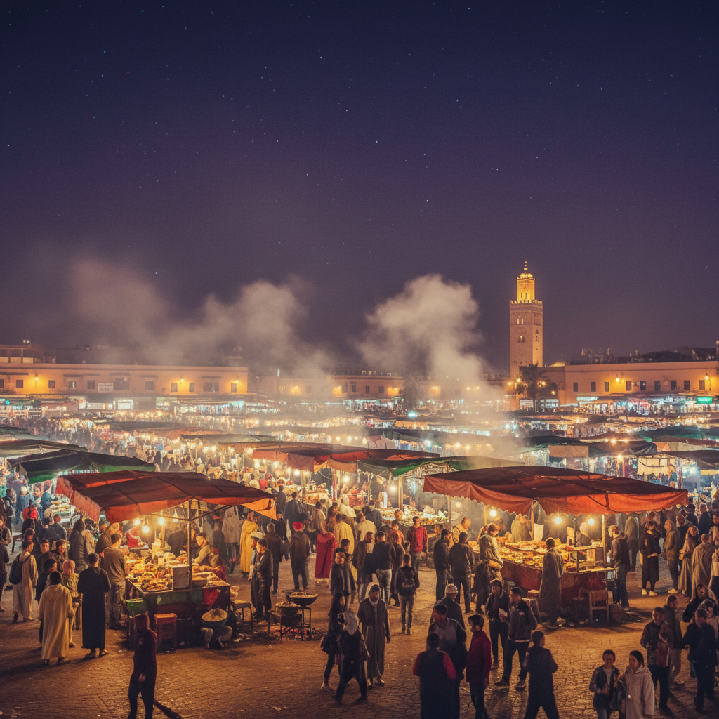 밤의 활기가 넘치는 제마 엘 프나 광장