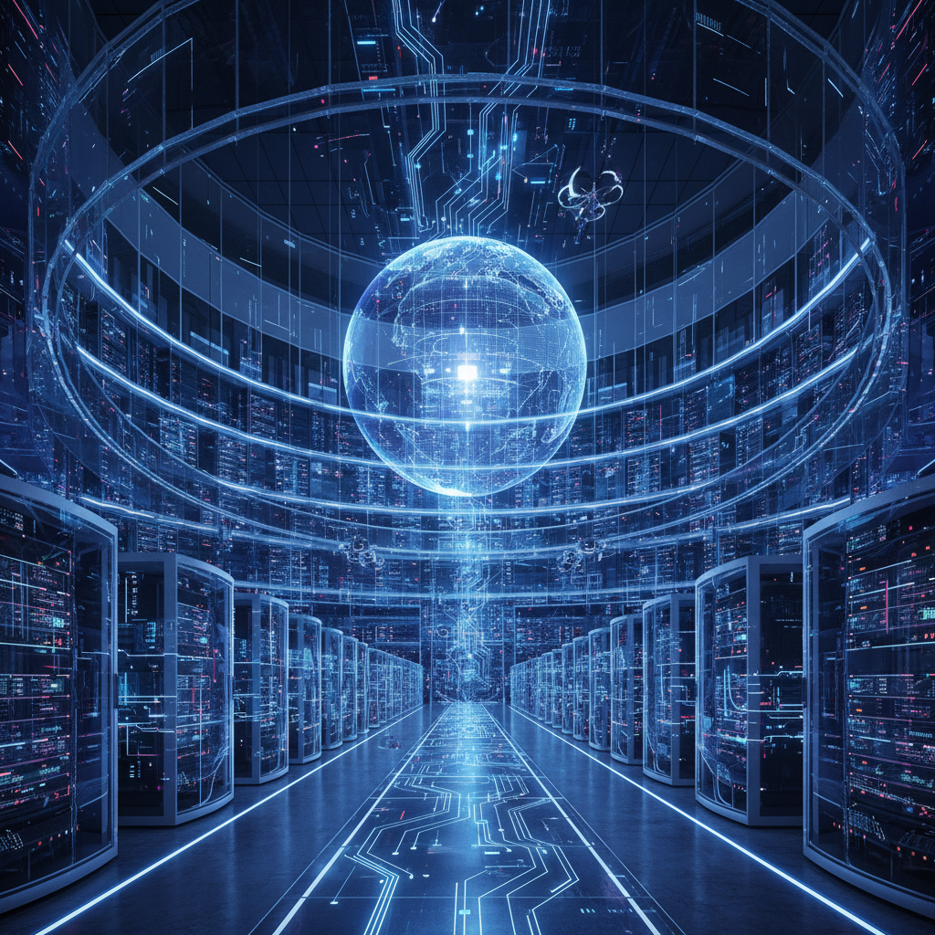 A futuristic and high-tech data center interior with glowing blue and violet lights representing artificial intelligence and cloud computing infrastructure. The composition is wide and cinematic with a focus on scale and advanced technology. 4:3
