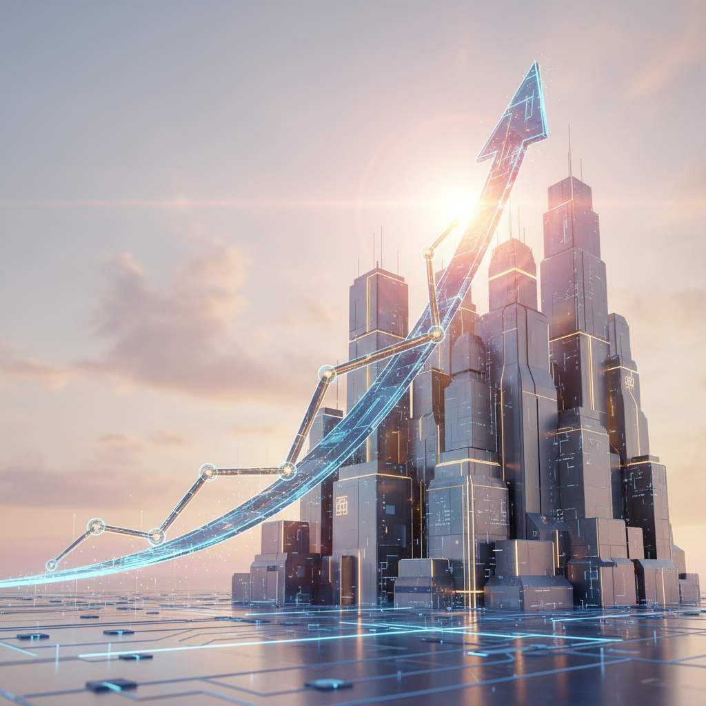 미래 기술 성장을 상징하는 상승 곡선과 디지털 건축