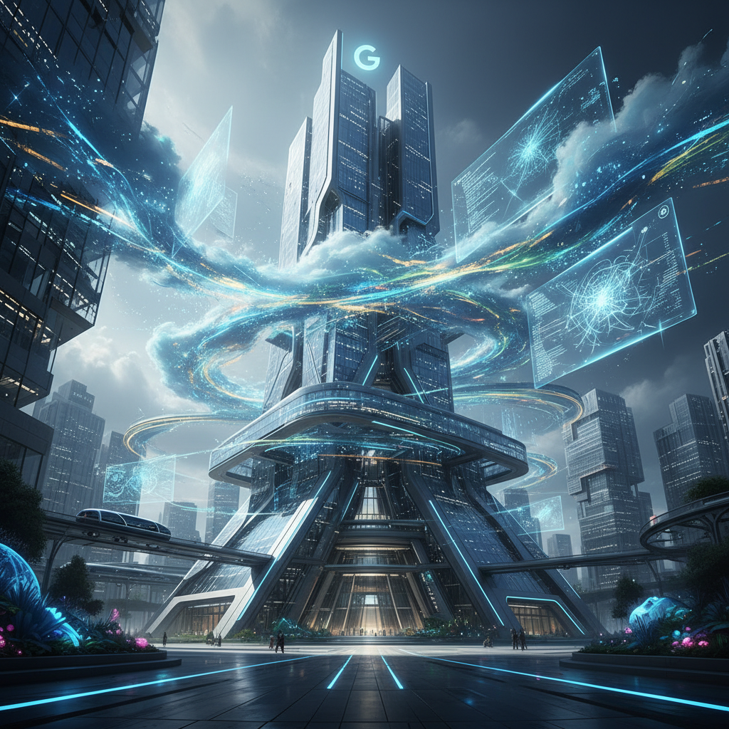 A modern high-tech corporate building with glowing digital nodes and data streams flowing around it, representing Google’s infrastructure and AI technology, cinematic lighting, realistic style, 4:3