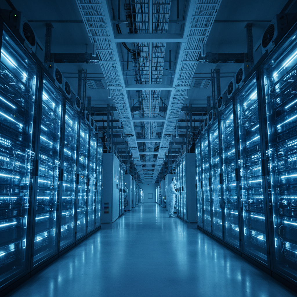 대규모 데이터 센터 내부의 서버 장치들