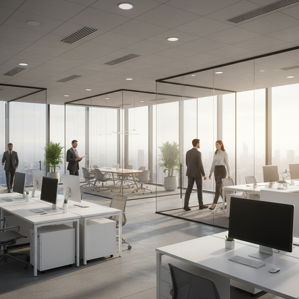 A modern and sleek corporate office interior with glass walls and professional atmosphere. Soft morning sunlight coming through large windows. High-quality photography style with natural lighting. 4:3