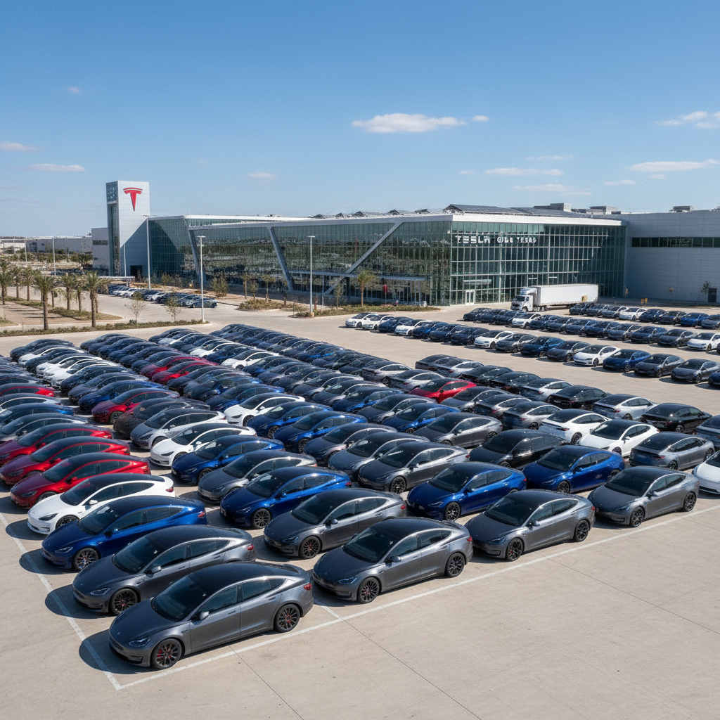 테슬라 공장 외부에 주차된 전기차들