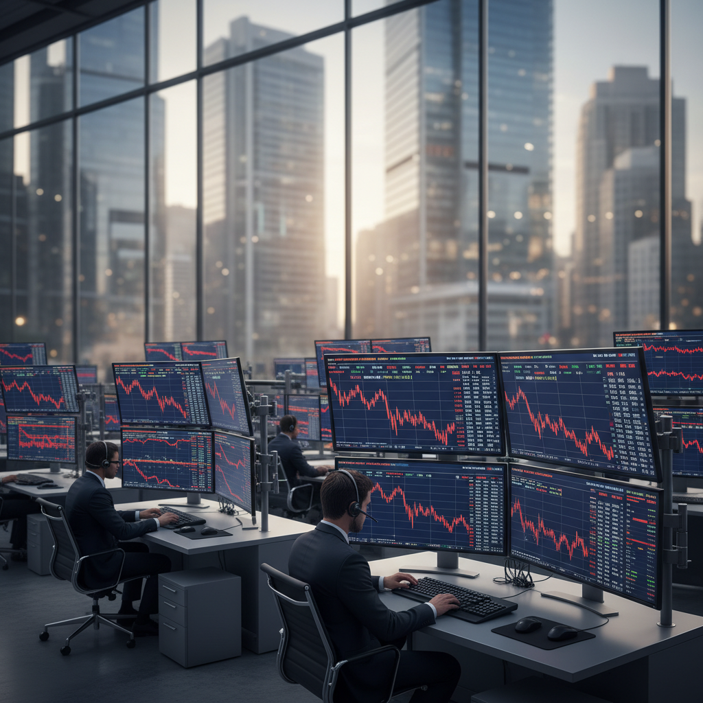 A professional stock market trading floor with multiple large monitors showing red downward trend lines and financial data, blurred background of a modern financial district, high contrast, clean layout, 4:3