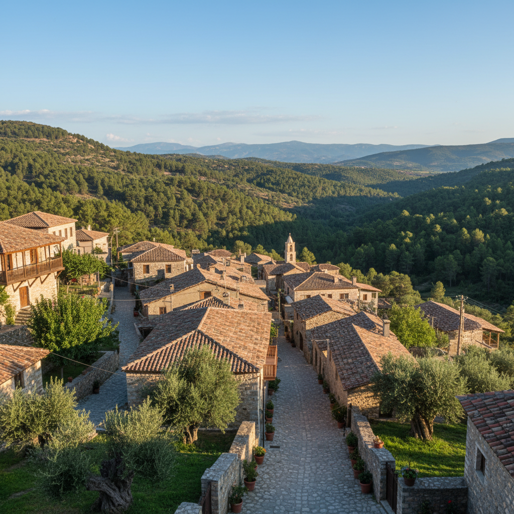 트로도스 산맥의 평화로운 마을 풍경