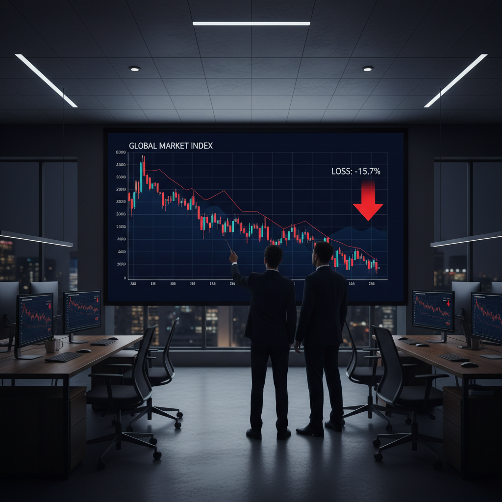 하락하는 주가 그래프를 모니터링하는 사무실 풍경