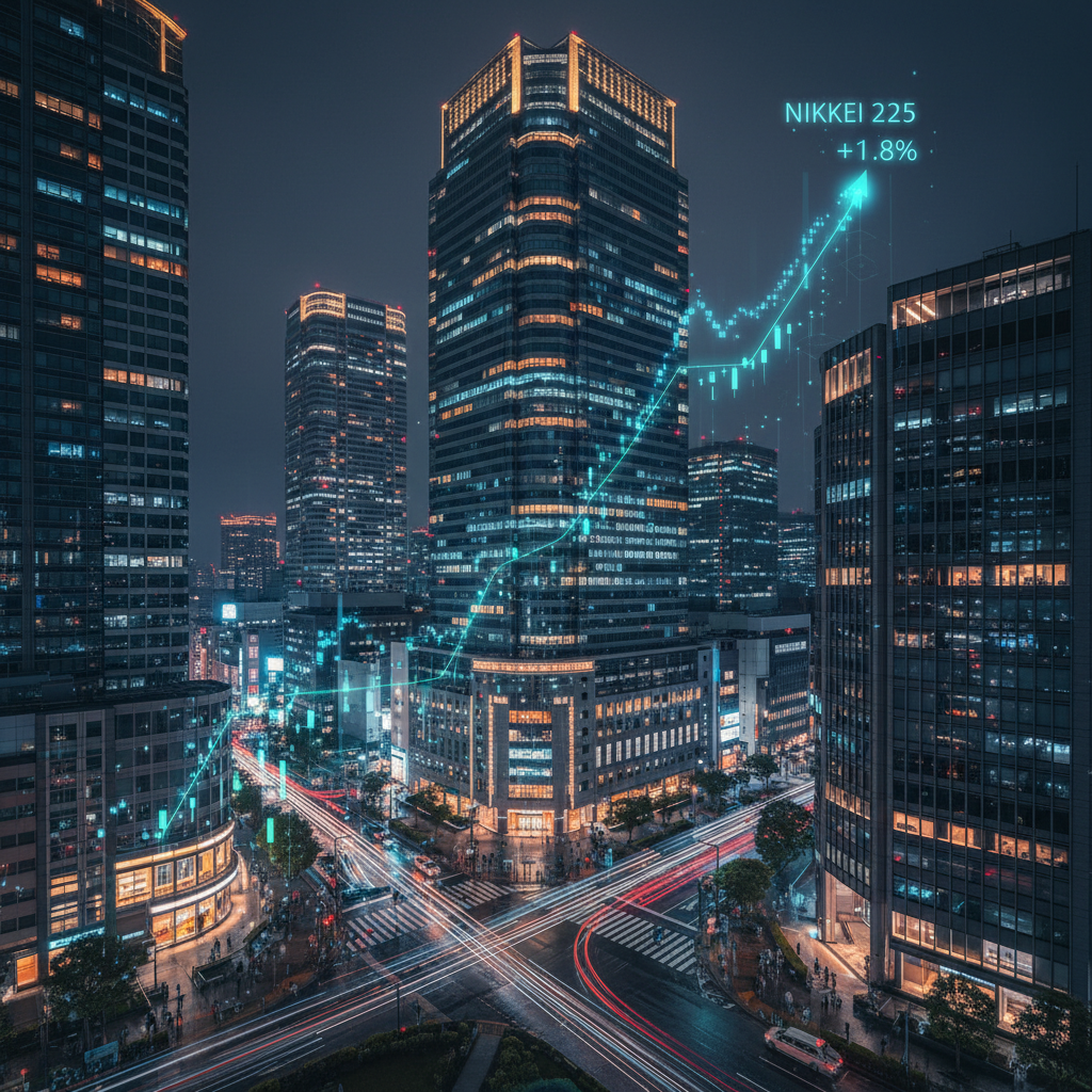 A cinematic night view of Tokyo’s financial district with glowing skyscrapers and a subtle digital stock market trend line rising in the background. High contrast, modern urban atmosphere, 4:3
