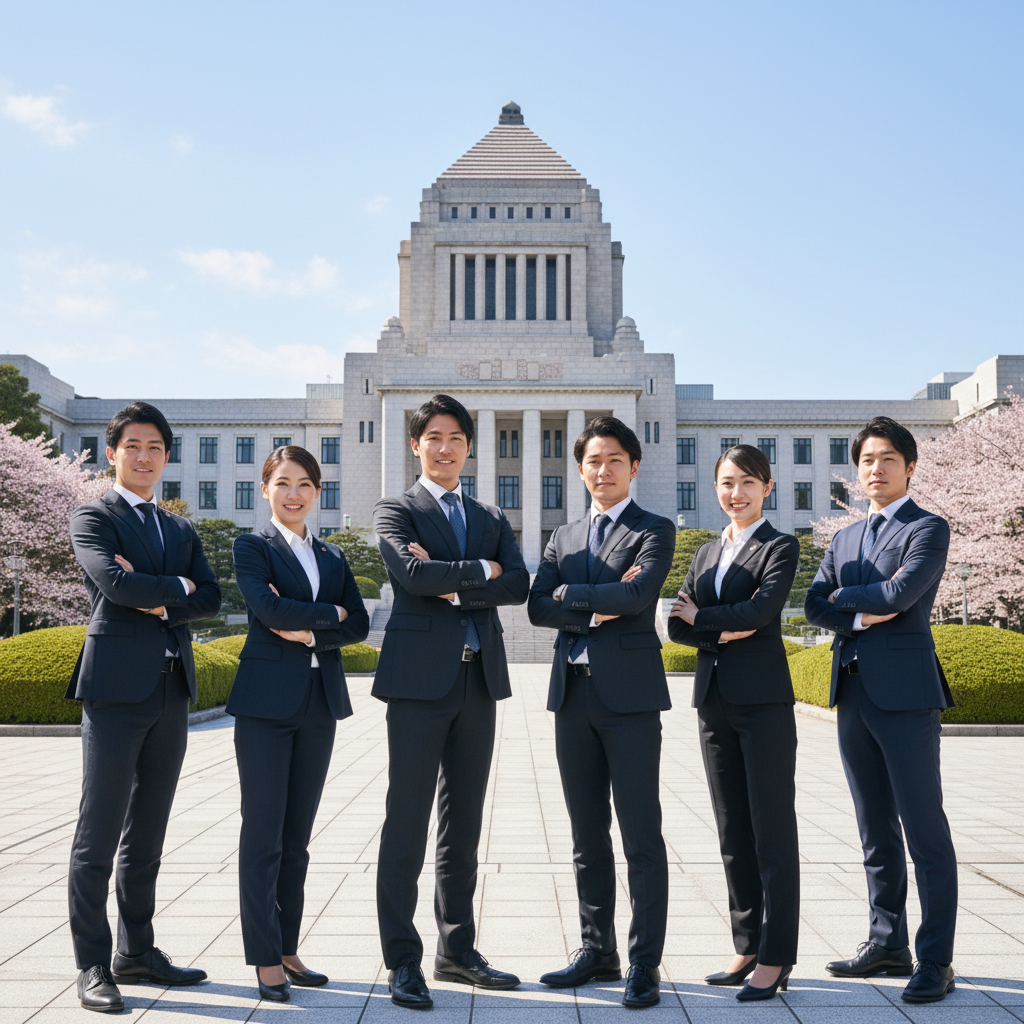 일본 국회의사당 앞에 서 있는 정장 차림의 비즈니스 리더들