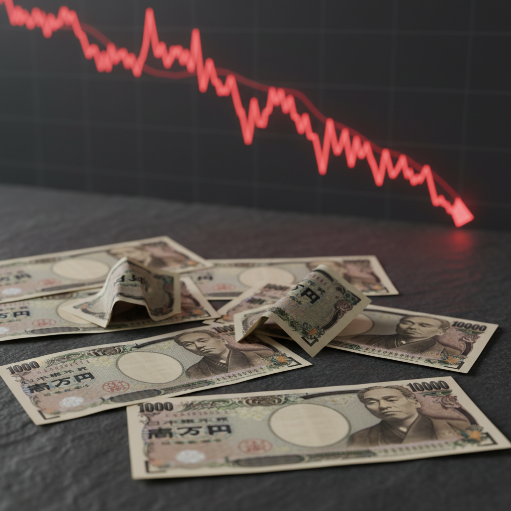 일본 엔화 지폐와 하락세를 보이는 붉은색 주가 차트 배경