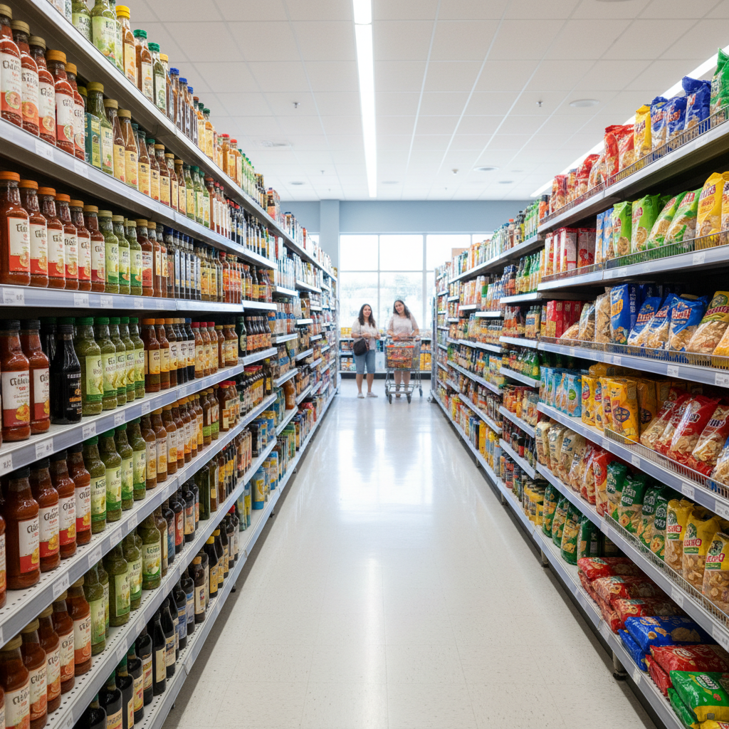 대형 마트 진열대에 놓인 다양한 식료품들