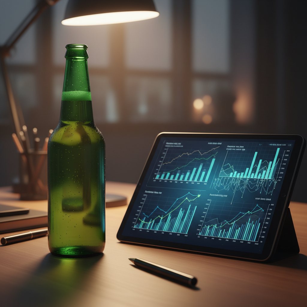 책상 위에 놓인 차가운 맥주병과 디지털 태블릿 화면