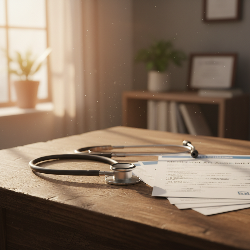 의료 혜택의 격차를 상징하는 청진기와 서류들