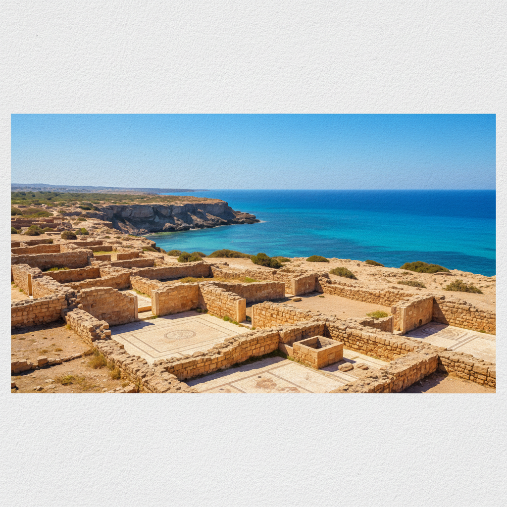 A wide landscape view of the ancient Punic ruins of Kerkuane in Tunisia, situated on a cliff overlooking the turquoise Mediterranean Sea, crumbling stone walls and foundations of ancient houses, bright daylight, clear blue sky, artistic rendering style with textured background, 4:3