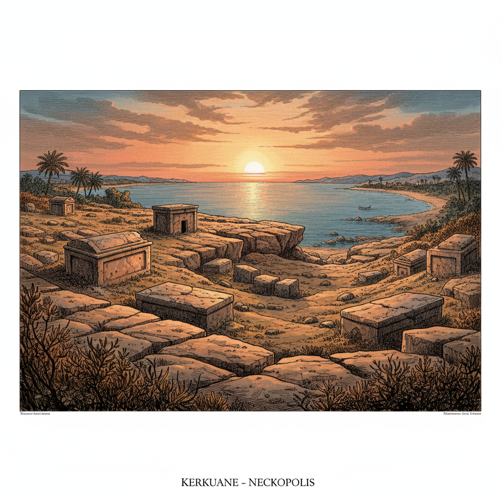 케르쿠안 인근 해안벽과 고대 네크로폴리스의 돌무덤 전경