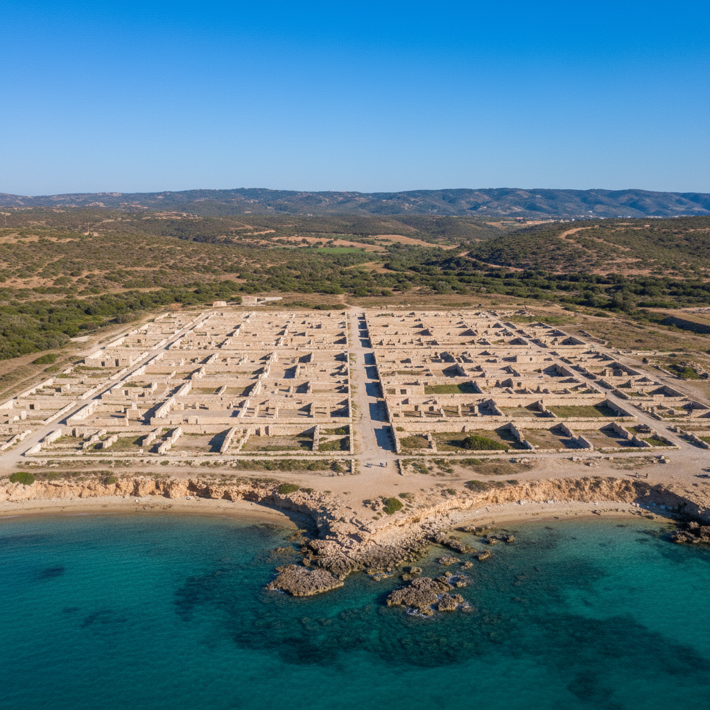 고대 도시의 체계적인 거리와 주거지 기초가 보이는 항공 뷰