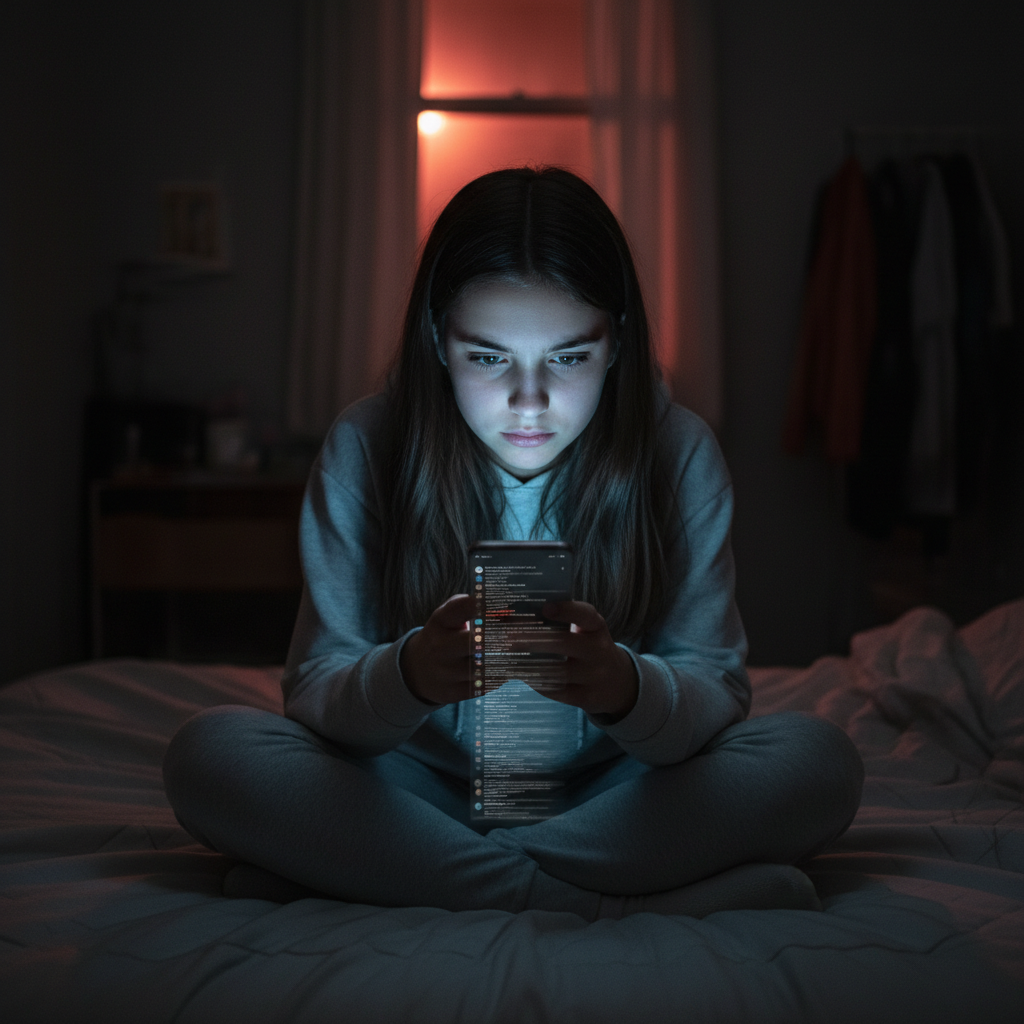 스마트폰 화면을 끊임없이 스크롤하는 청소년의 모습